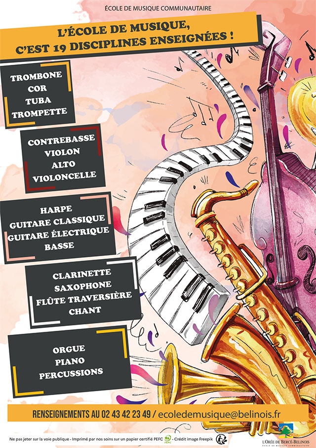 Affiche sur les 20 disciplines enseignées à l'école de musique communautaire en date du 26-01-2026