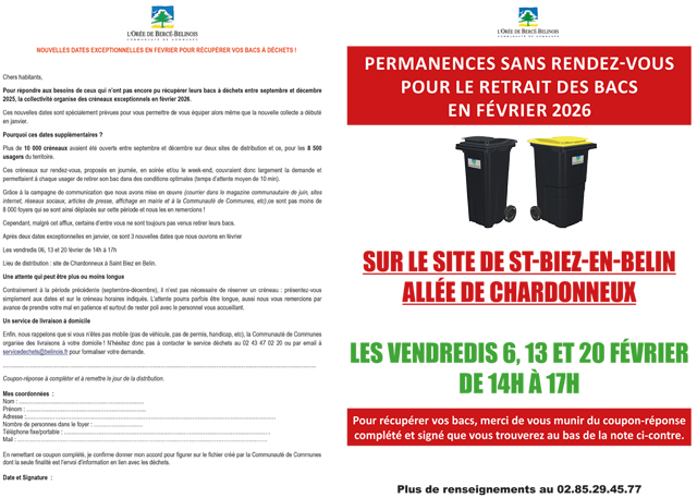 affiche + note explicative pour le retrait des bacs sans rdv en février 2026