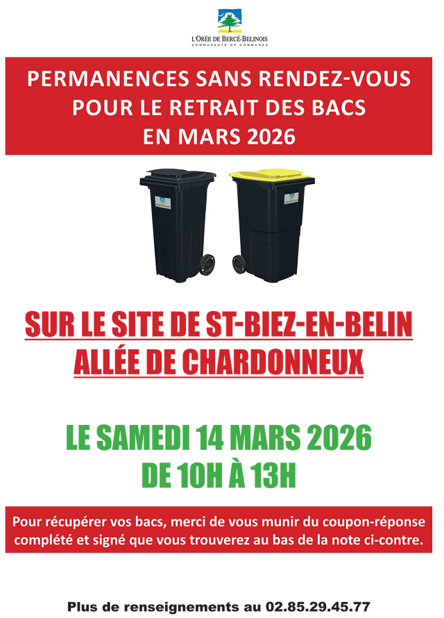 affiche pour le retrait des bacs sans rdv en mars 2026