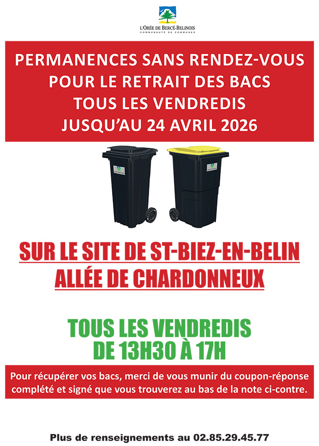 affiche pour le retrait des bacs sans rdv du 20 mars au 24 avril 2026