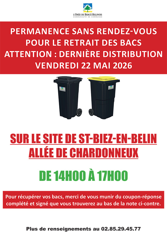 affiche pour le retrait des bacs sans rdv du 22 mai 2026