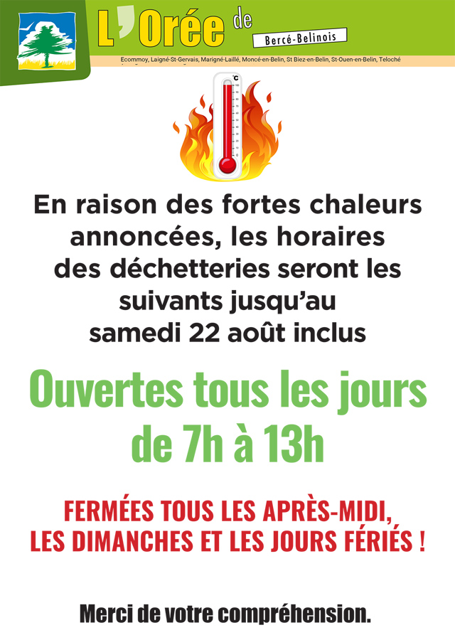 affiche d'information sur les horaires des déchetteries jusqu'au 22 août 2026