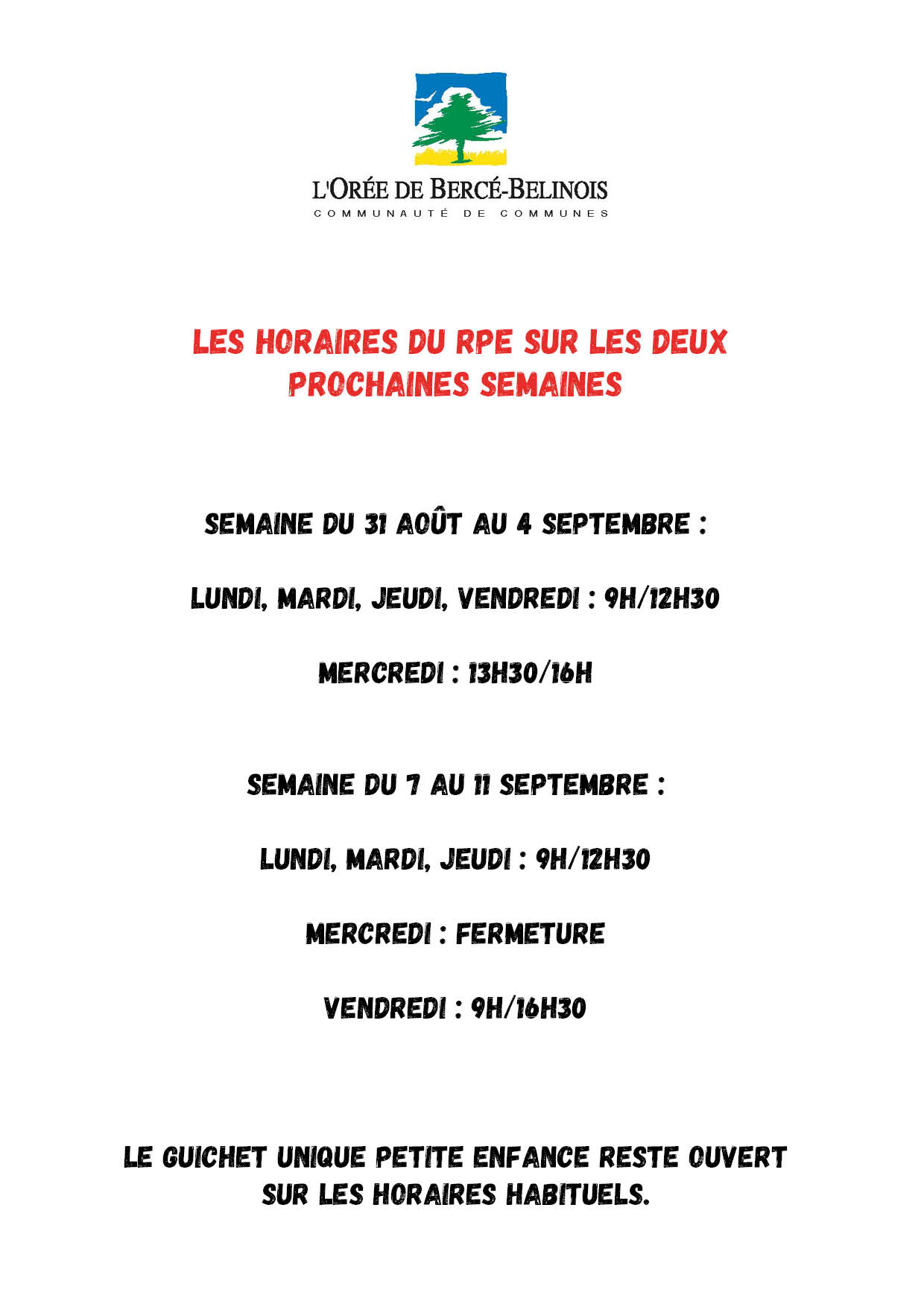 les horaires du RPE sur les deux prochaines semaine