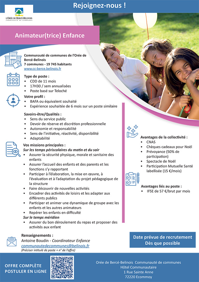 Affiche sur le poste animateur(trice) enfance en date du 01-10-2026