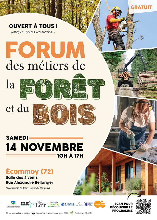affiche pour le forum des métiers du bois et forêt du samedi 14 novembre 2026